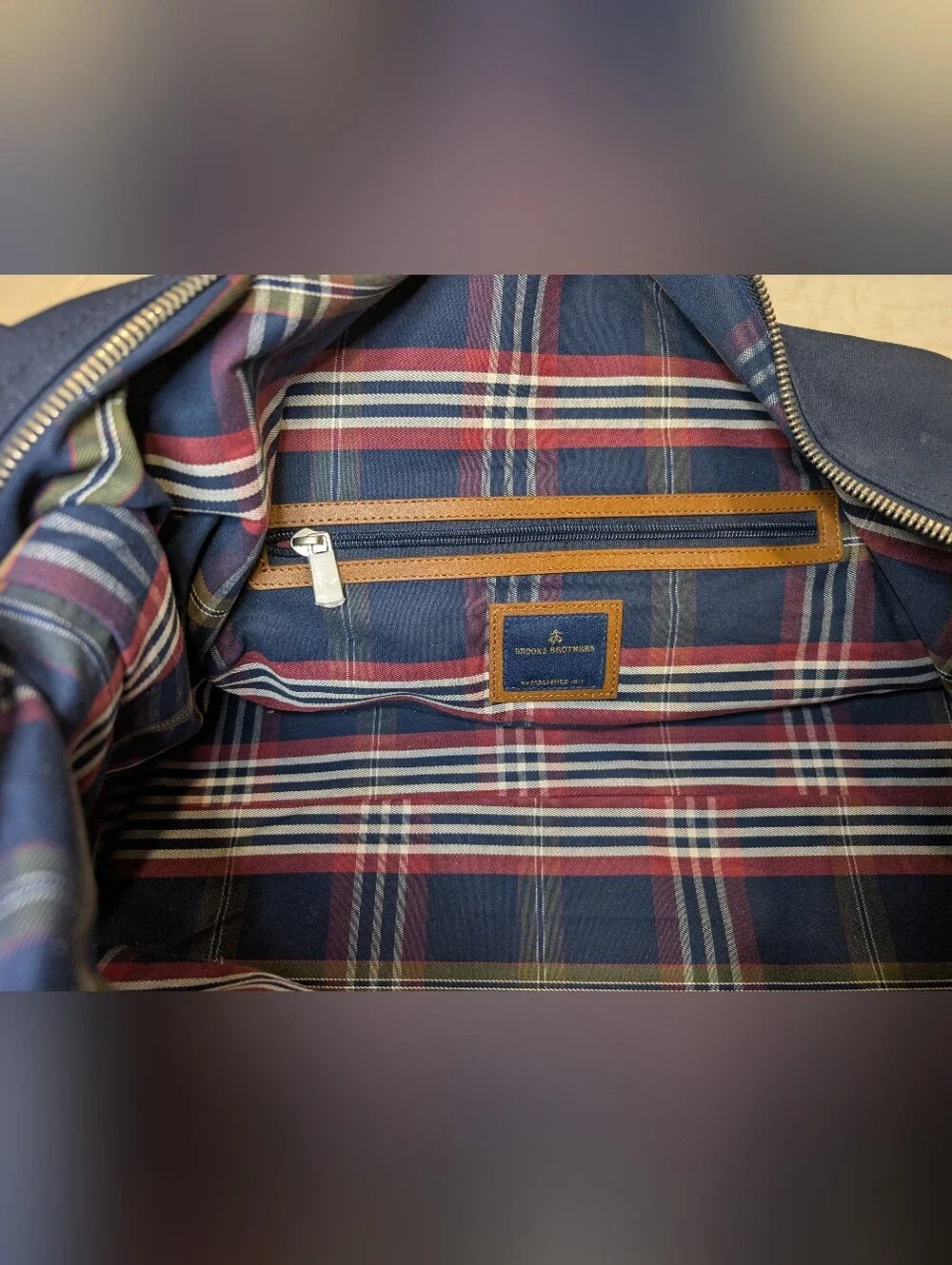 Brooks Brothers Wells Canvas & Leather Weekender Duffel Bag Navy Plaid
